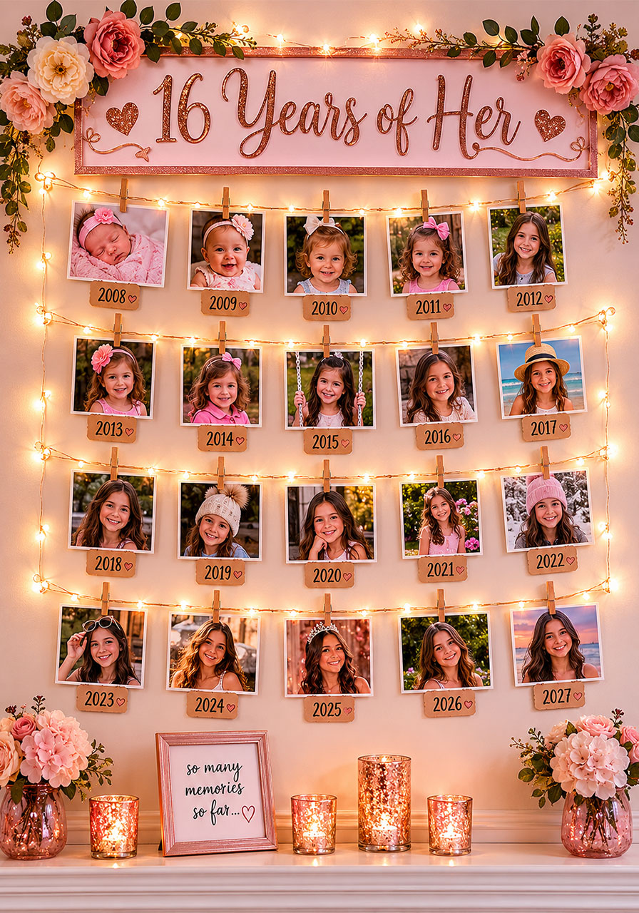 DIY photo memory wall with fairy lights and clothespins displaying 16 years of photos at a Sweet 16 birthday party