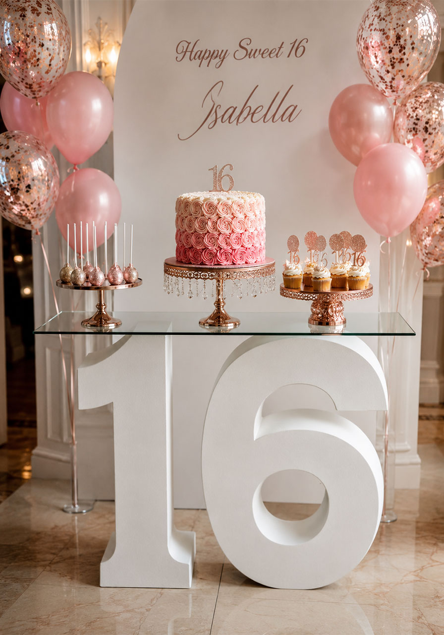 Giant white foam number 16 blocks used as a dessert table base for a rose gold Sweet 16 birthday party