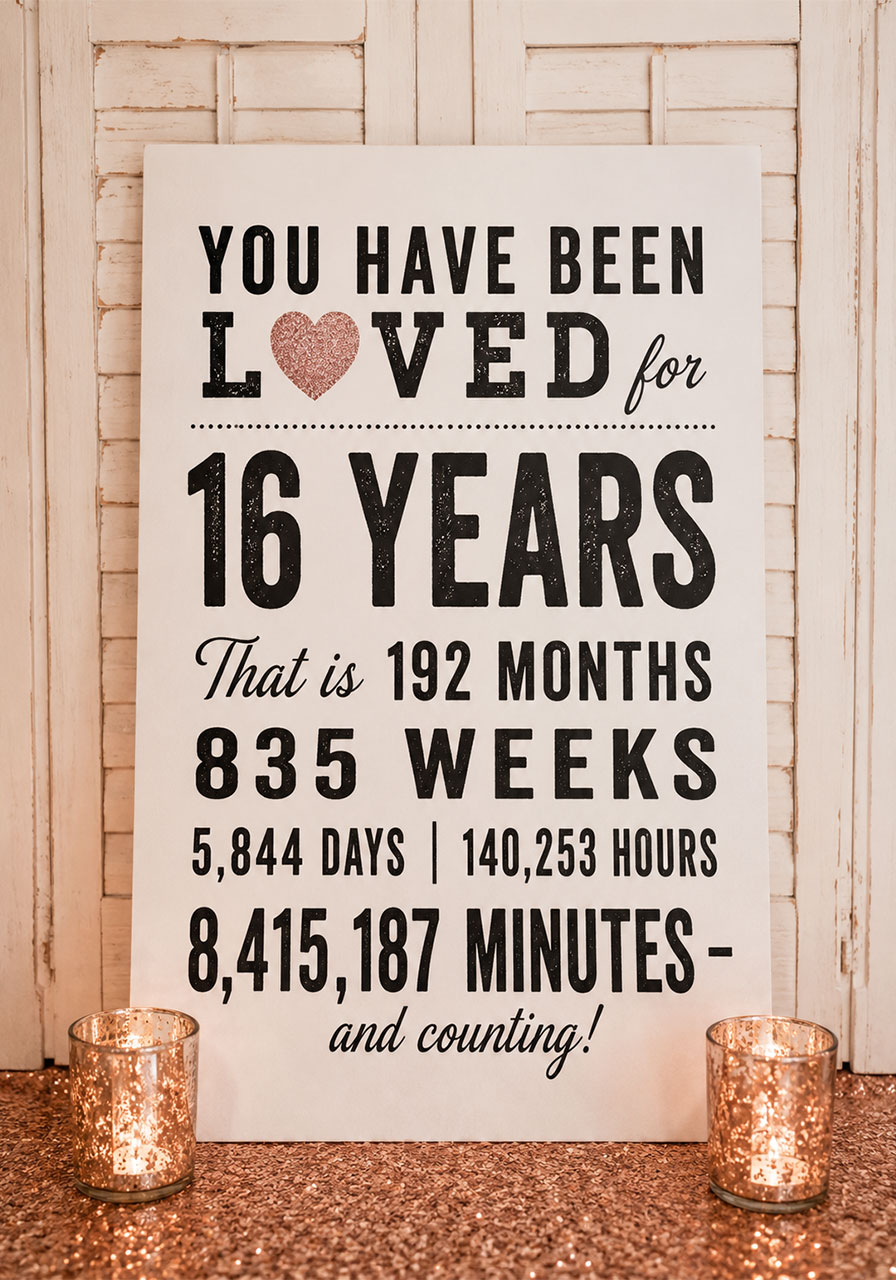 You have been loved for 16 years milestone birthday poster with months weeks days and hours for a Sweet 16 party