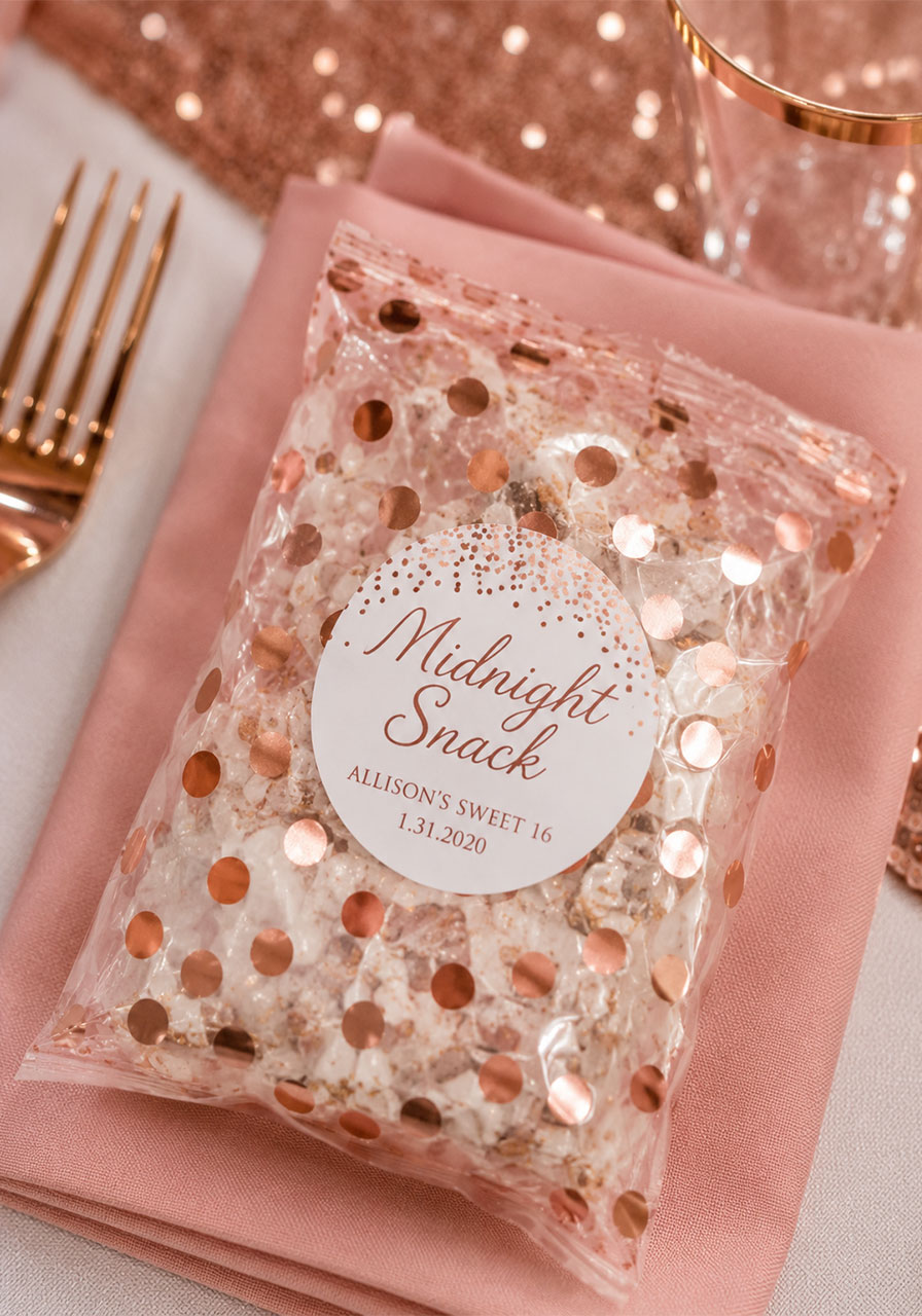 Personalized Midnight Snack polka dot favor bag at a rose gold Sweet 16 place setting with custom sticker label