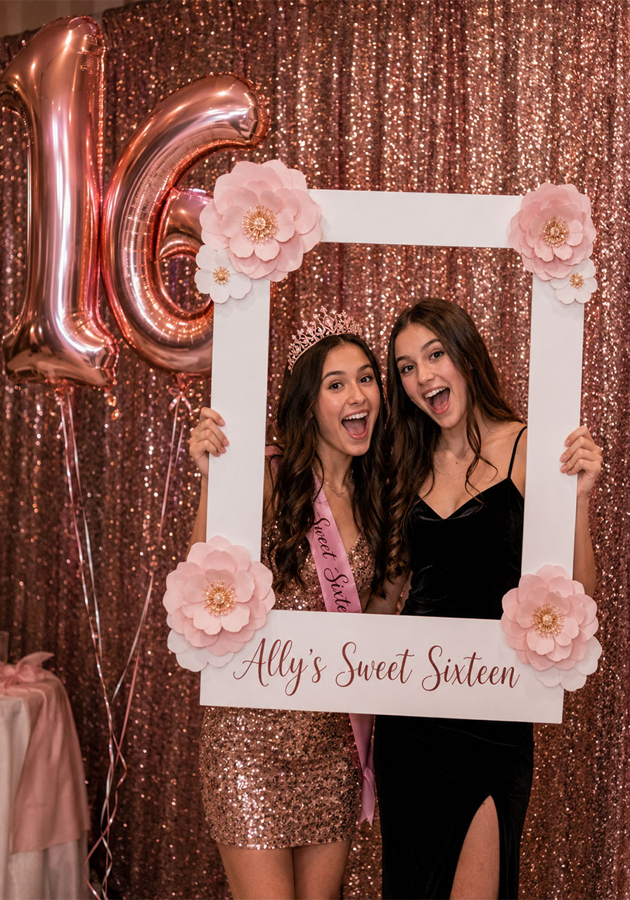Two teens posing with a personalized Sweet Sixteen photo booth frame prop at a rose gold birthday party photo booth