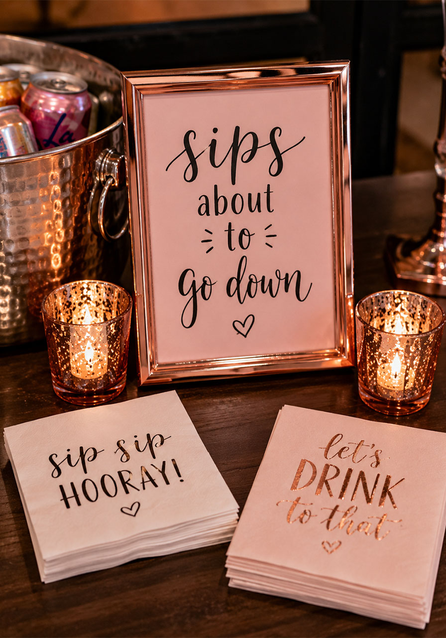 Rose gold framed bar station sign with fun party napkins and votive candles at a Sweet 16 birthday party