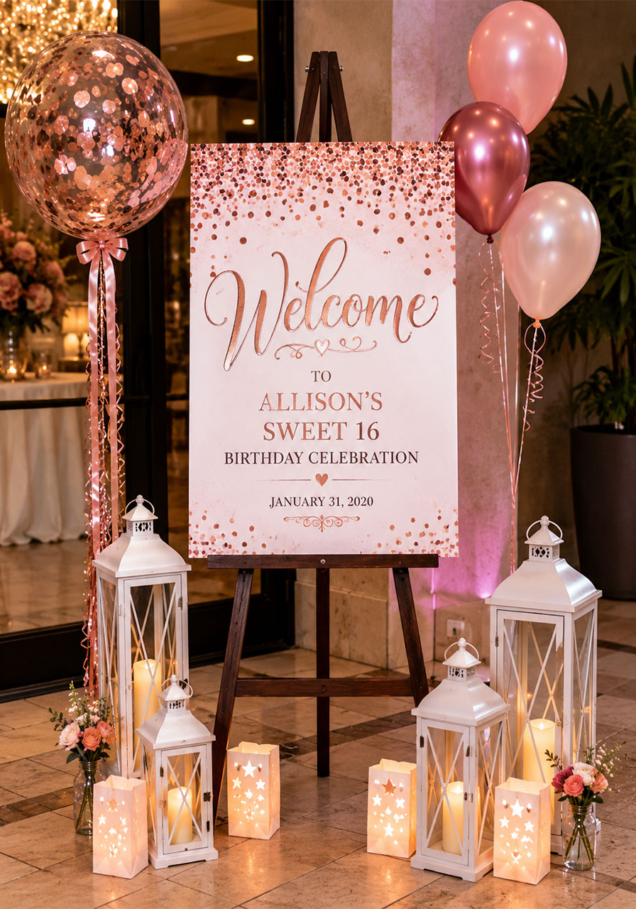 Personalized Sweet 16 rose gold welcome sign on easel with white lanterns and balloon display at party entrance