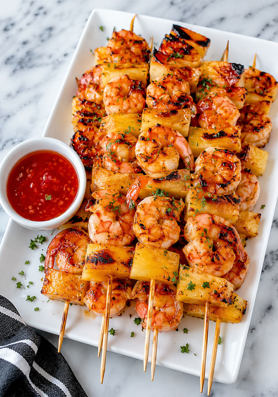 A white platter of sweet and spicy pineapple shrimp skewers with caramelized grill marks, glossy chili glaze, and a side of dipping sauce