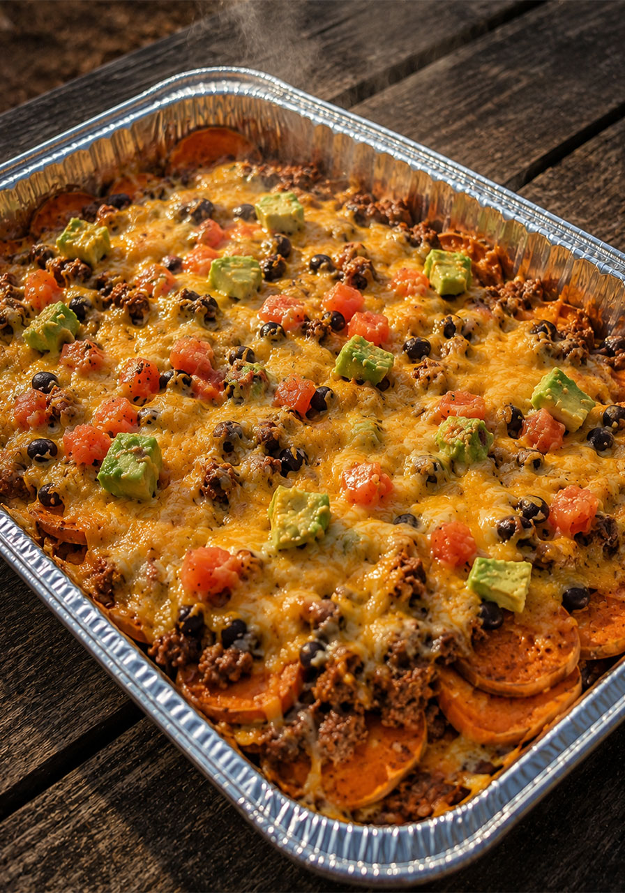 Finished low-carb sweet potato campfire nachos in a foil pan with melted cheese and toppings