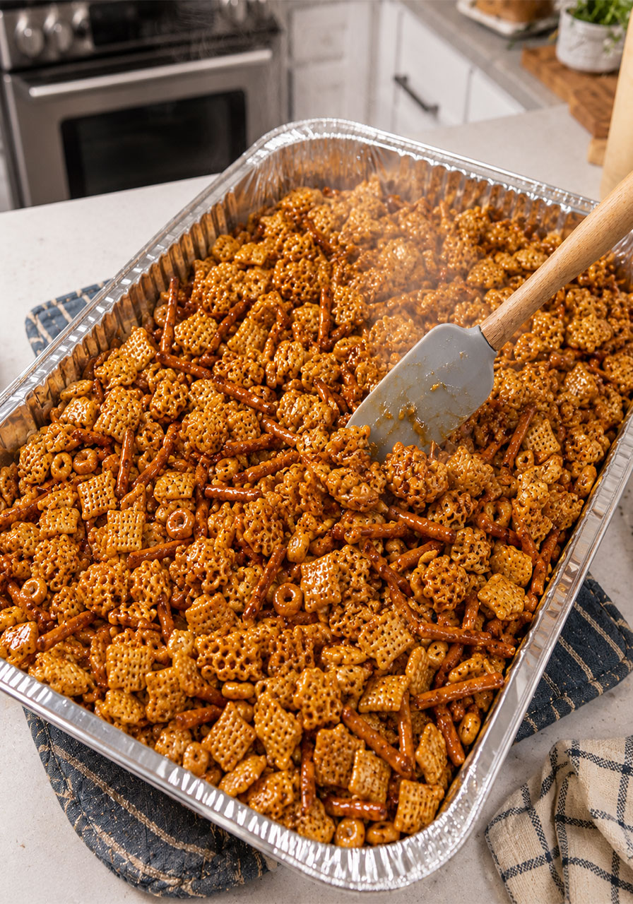 Large roasting pan of sweet and salty Chex mix with Cheerios, Honeycomb cereal, and pretzels in caramelized glaze
