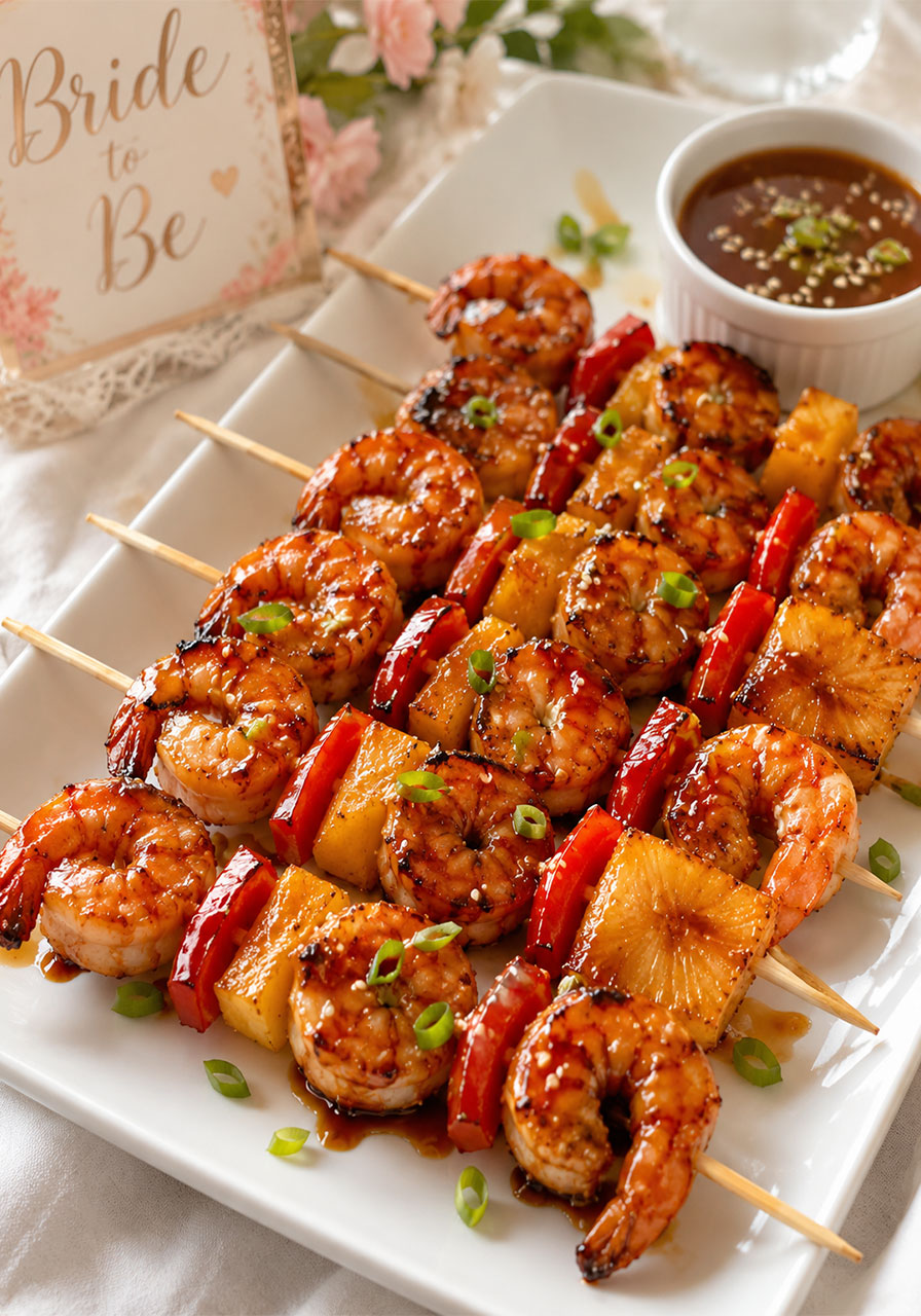 Sweet and sour shrimp skewers with bell pepper and pineapple on white platter – impressive easy bridal shower appetizer idea