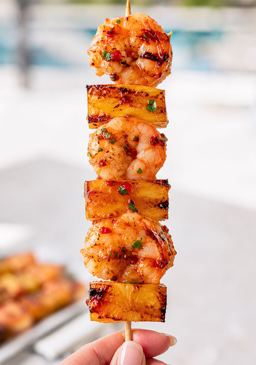 Close-up of a single grilled sweet and spicy pineapple shrimp skewer being held up, showing caramelized glaze and grill marks in detail