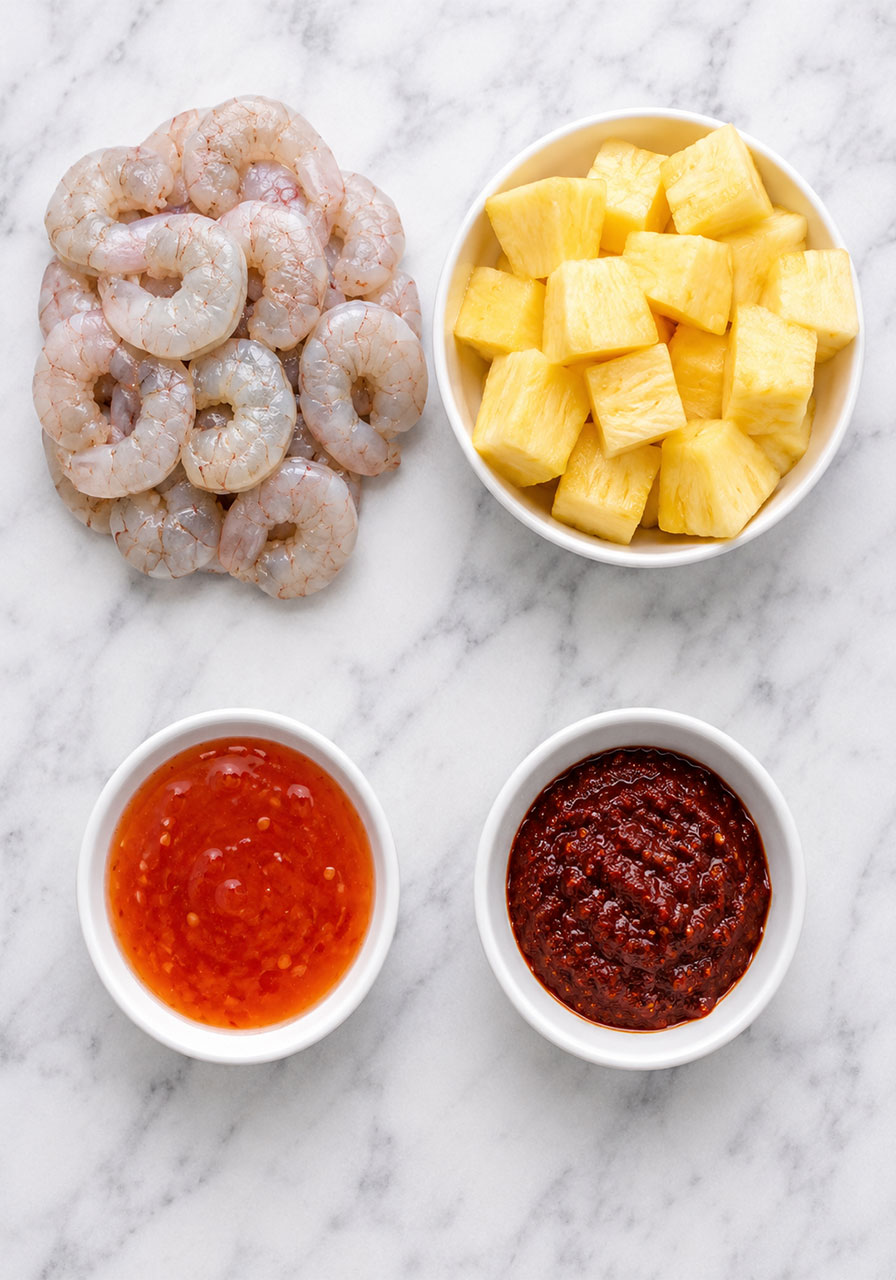 Four ingredients for pineapple shrimp skewers laid out flat: raw shrimp, pineapple chunks, sweet chili sauce, and sambal