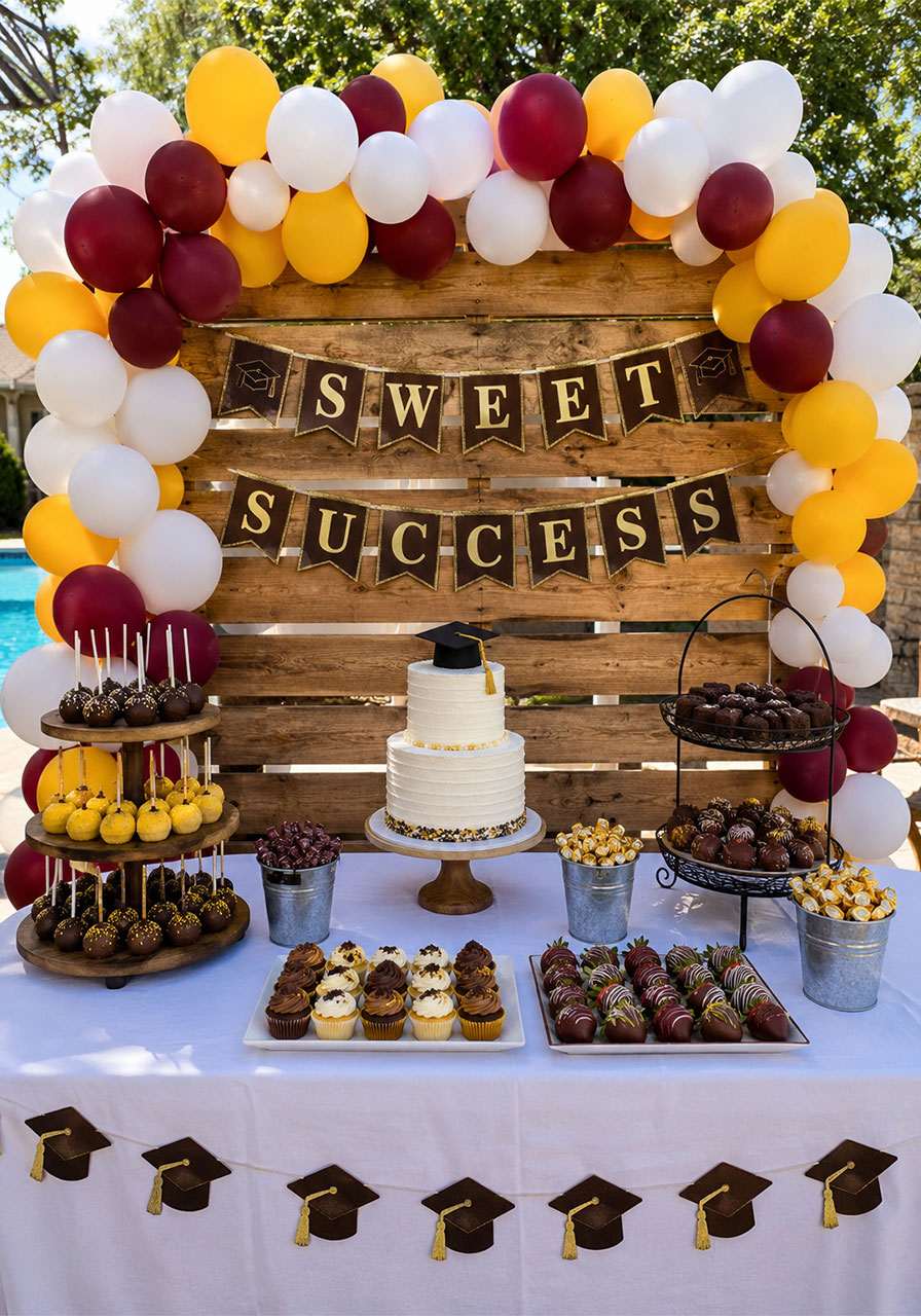 Sweet Success dessert table with balloon arch and tiered cake pops for a graduation pool party celebration
