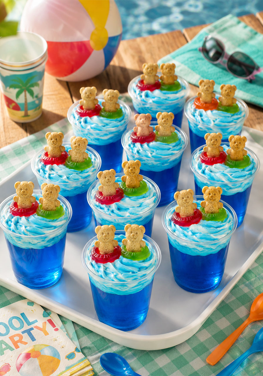 Tray of finished Swimming Bears Jello cups arranged for serving at a summer pool party – easy and adorable pool party dessert idea for kids and adults
