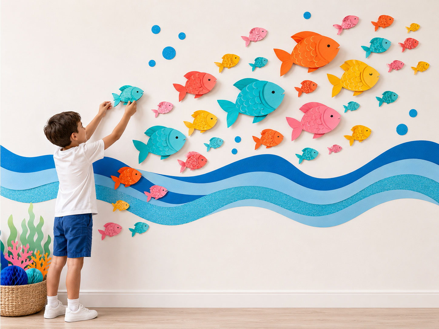 Colorful paper fish cut-out school swimming wall decor for an under the sea birthday party