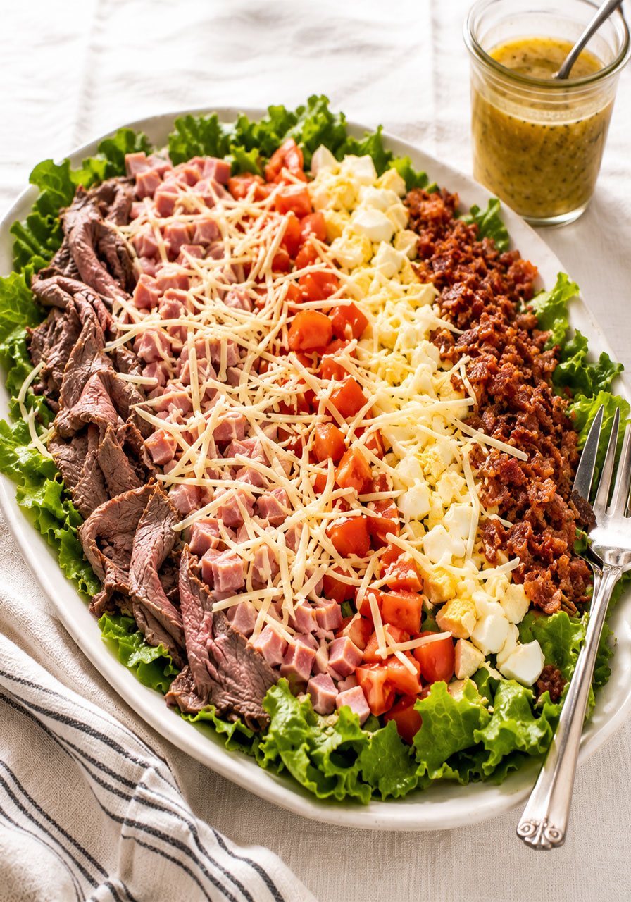 Swiss Cobb salad with roast beef ham bacon and Swiss cheese on leaf lettuce with honey mustard dressing