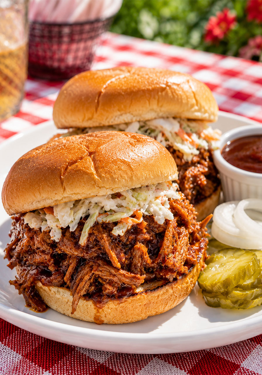 Tangy slow cooker pulled pork sandwiches with coleslaw on toasted rolls – easy pool party main course