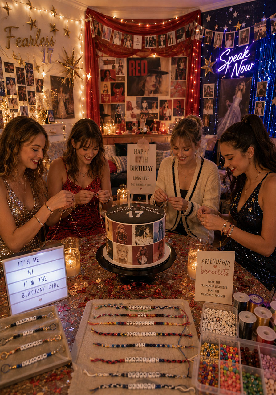 Teen girls making Taylor Swift friendship bracelets at Eras themed birthday party with album decor