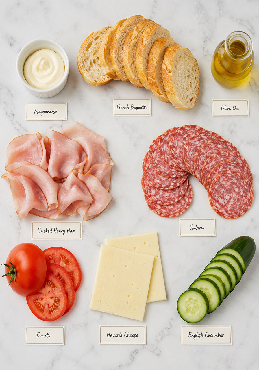Flat lay of all tea club sandwich ingredients including baguette, ham, salami, Havarti cheese, cucumber, tomato, and mayo on white marble