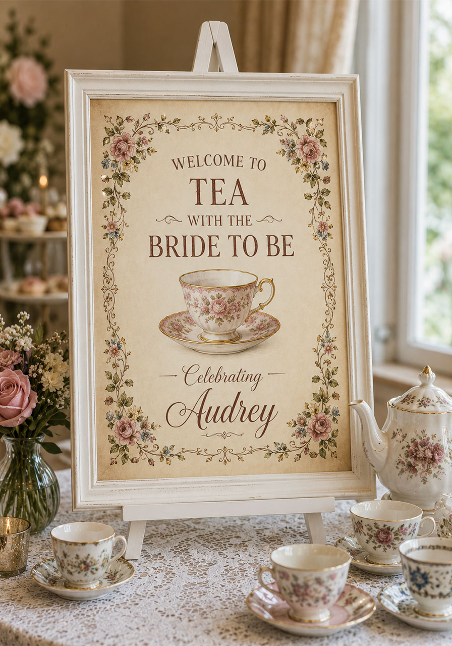 Vintage-style tea party bridal shower welcome sign with illustrated teacup in botanical border frame on white easel