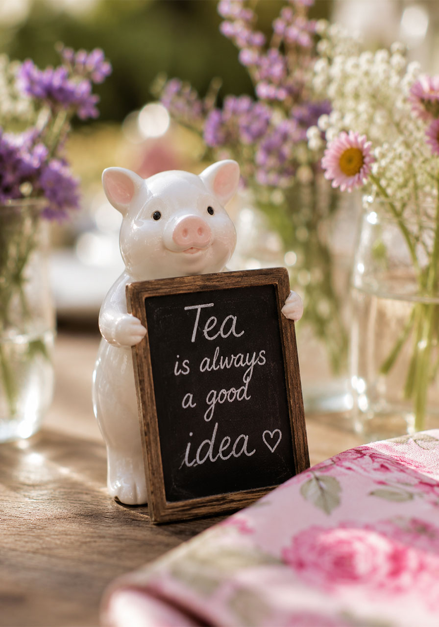 Personalized chalkboard sign held by a porcelain pig for a memorial tea party