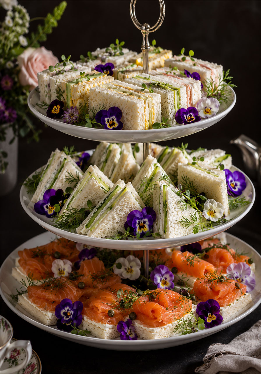 Elegant tiered stand of tea sandwiches with smoked salmon, cucumber, and edible flower garnishes for a bridal shower afternoon tea