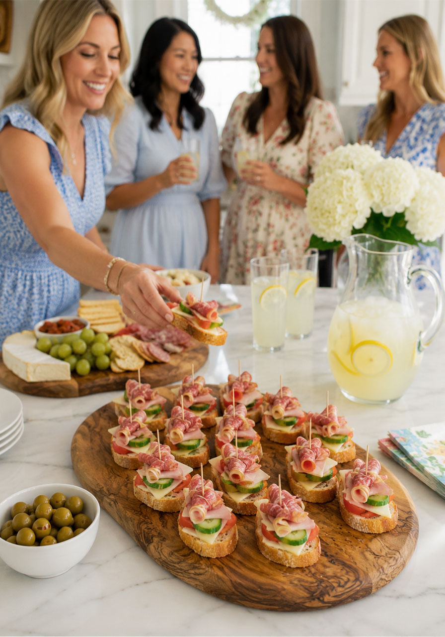 Easy tea club sandwiches served on a wooden board as a party appetizer spread for a bridal shower or birthday party