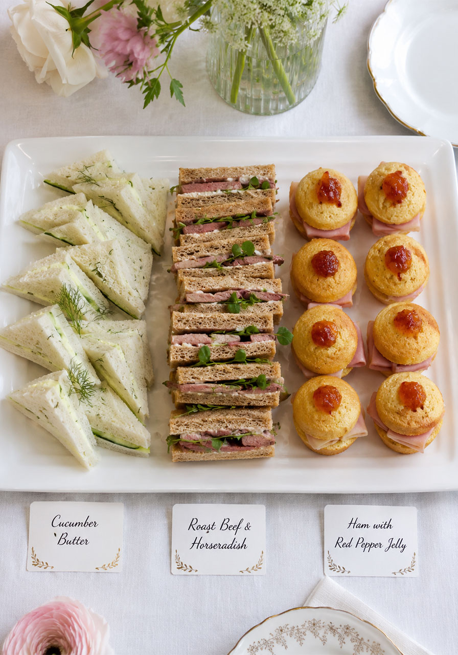 Three varieties of bridal shower tea sandwiches — cucumber butter, roast beef horseradish, and ham cornbread — on a white platter