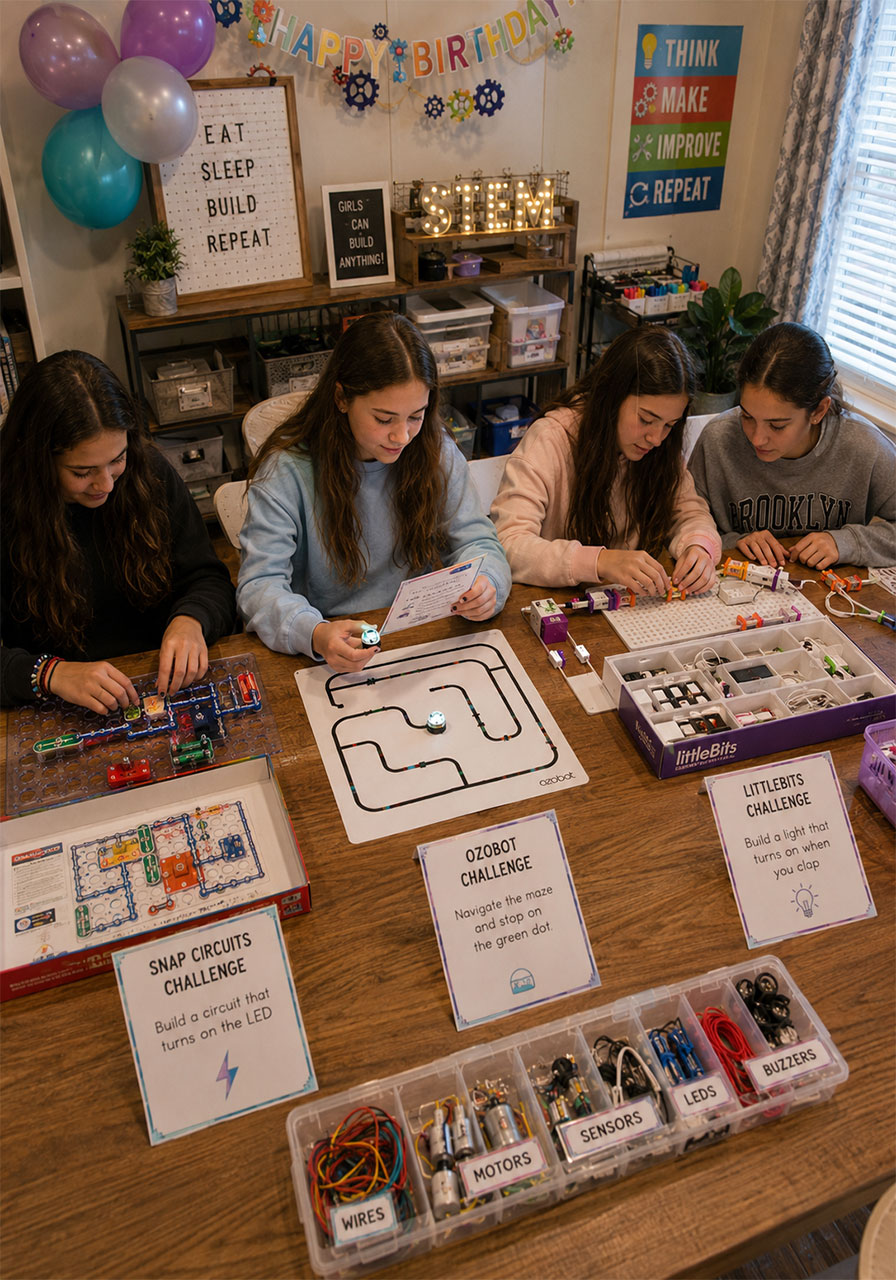 Teen girls doing STEM activities at tech tinker workshop birthday party with robotics and circuits kits