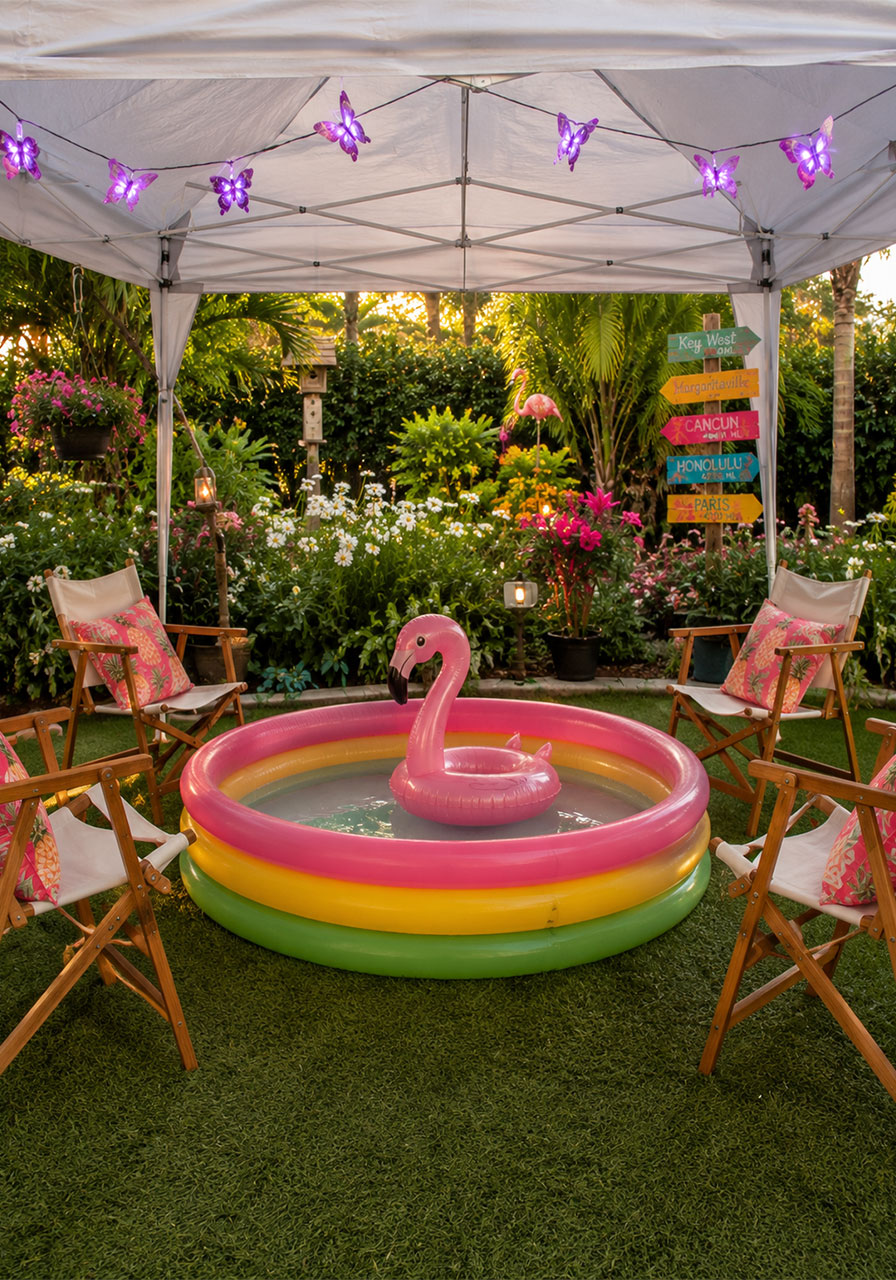 Pop-up canopy tent with inflatable baby pool and flamingo float as a chill zone for a Key West summer party