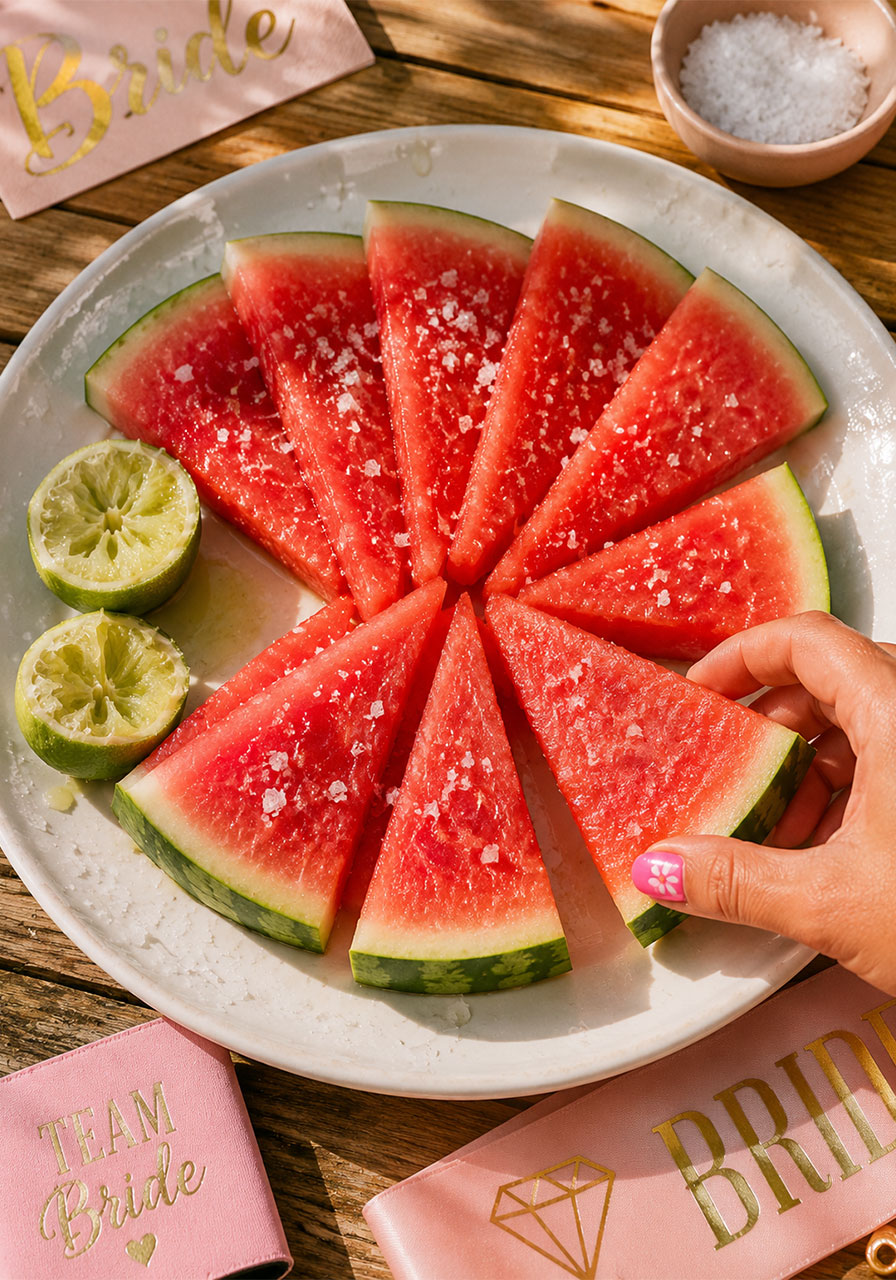 Tequila-soaked watermelon wedges glistening with syrup and flaked sea salt on a white platter, lime halves on the side, outdoor summer party settingTequila-soaked watermelon wedges glistening with syrup and flaked sea salt on a white platter, lime halves on the side, outdoor summer party setting