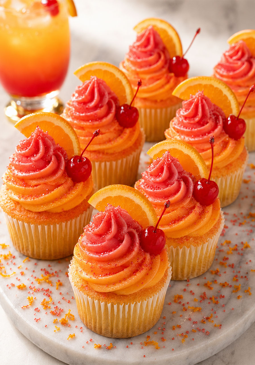 Tequila Sunrise mini cupcakes with orange-to-grenadine ombre frosting, garnished with orange slices and cherries, on a white marble platter