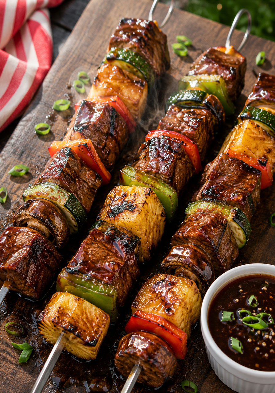Glazed teriyaki shish kabobs with beef, pineapple and vegetables on a cutting board – easy summer cookout recipe
