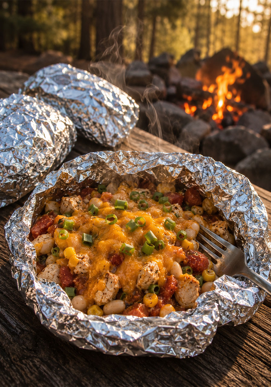 Open campfire foil packet with Tex Mex chicken, white beans, corn, tomatoes, and melted Mexican cheese topped with green onions