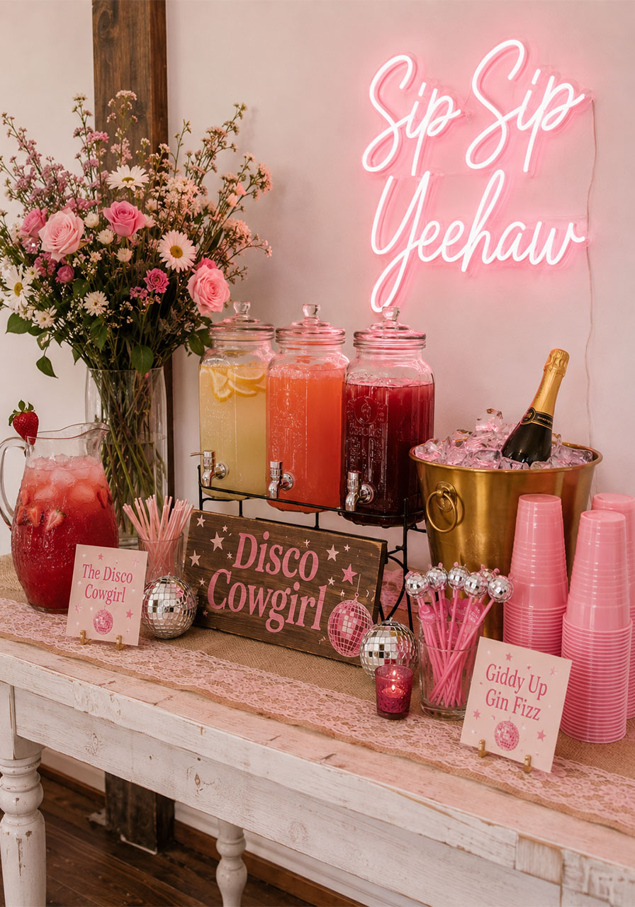 Styled disco cowgirl themed cocktail station for last disco rodeo bachelorette party