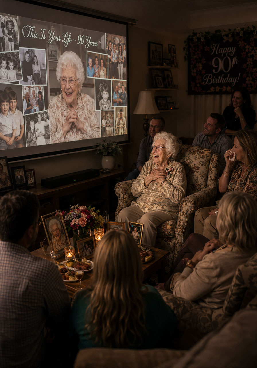Emotional "This Is Your Life" video tribute screening at a 90th birthday party with family gathered around projector