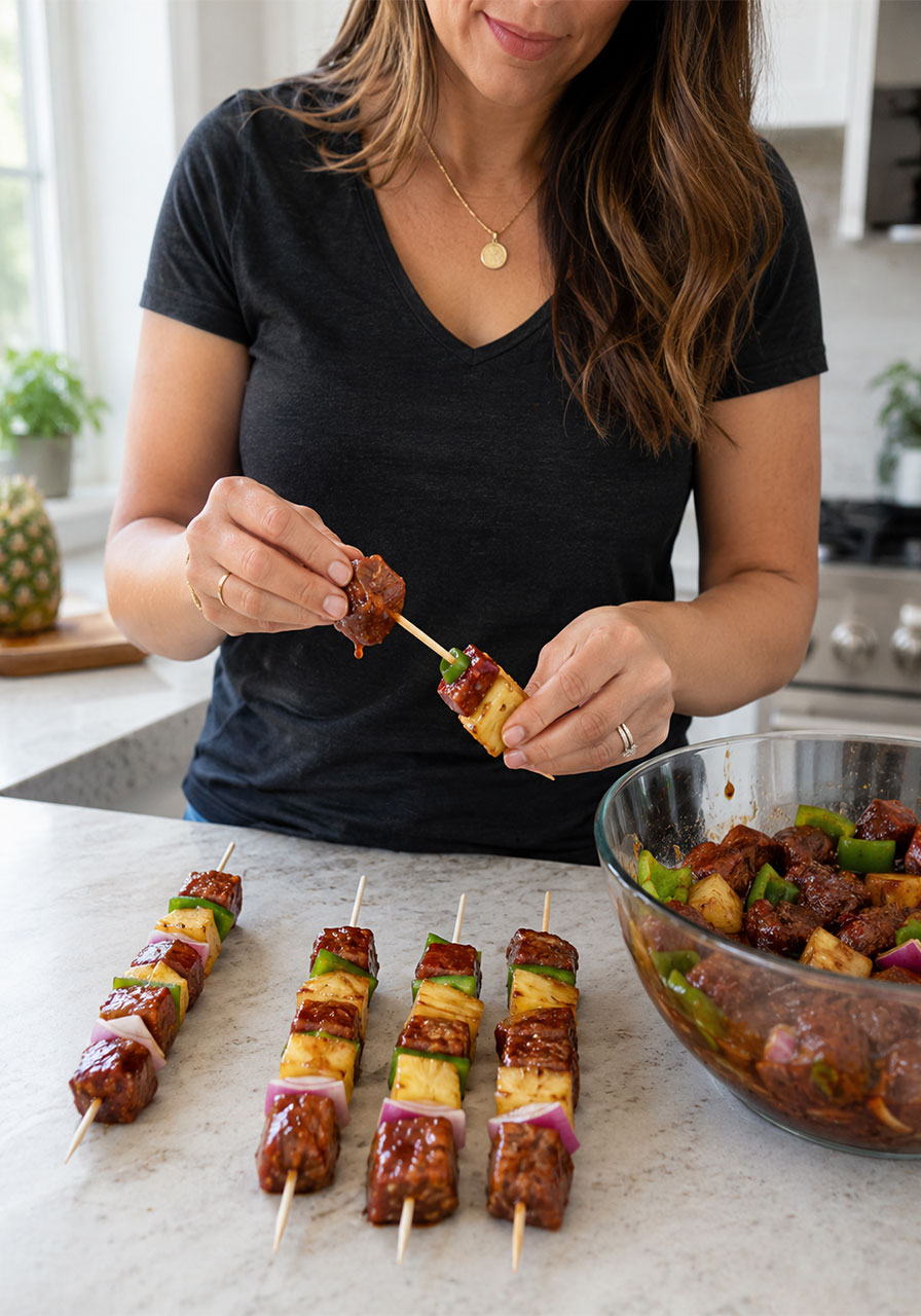 Hands threading marinated pork, pineapple chunks, red onion and bell pepper onto wooden skewers for grilling