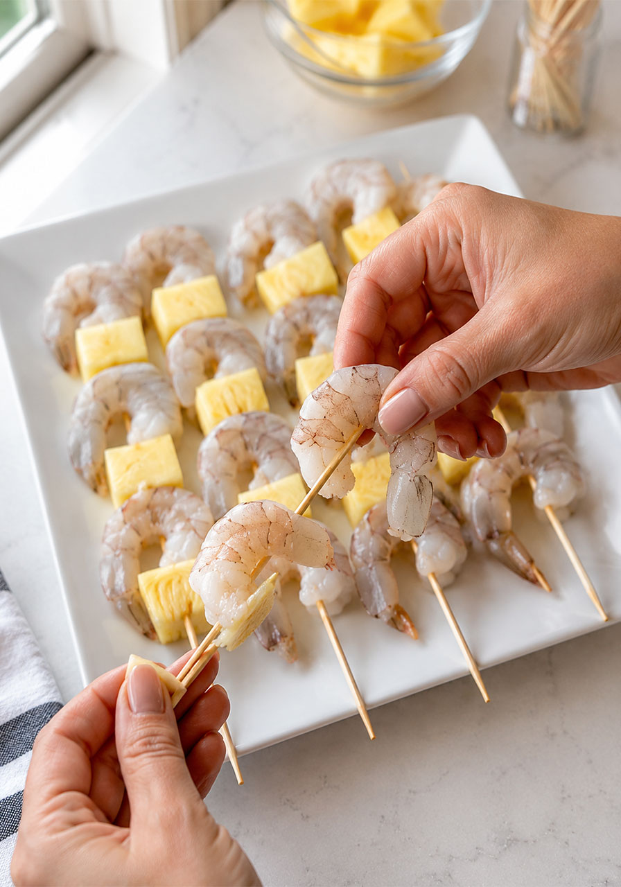 Hands threading raw shrimp and pineapple chunks onto a wooden skewer as a step-by-step demonstration