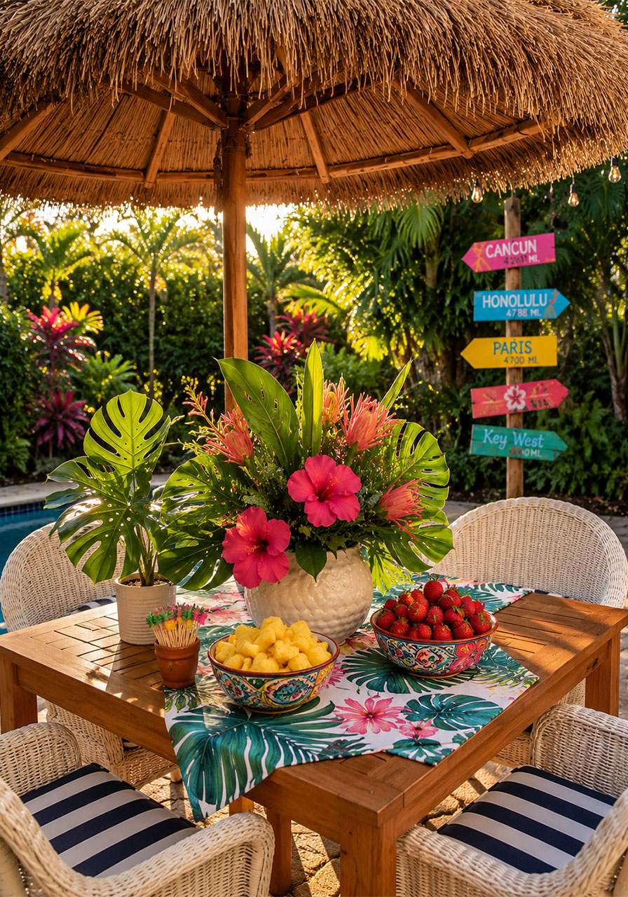 Tiki umbrella over a patio dining table decorated for a Key West party with tropical flowers and fresh fruit