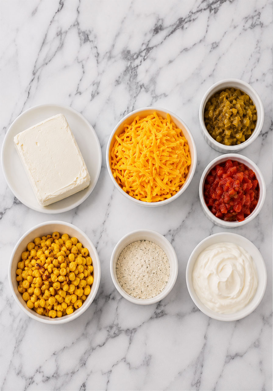 All ingredients for creamy TikTok boat dip laid out on white marble countertop