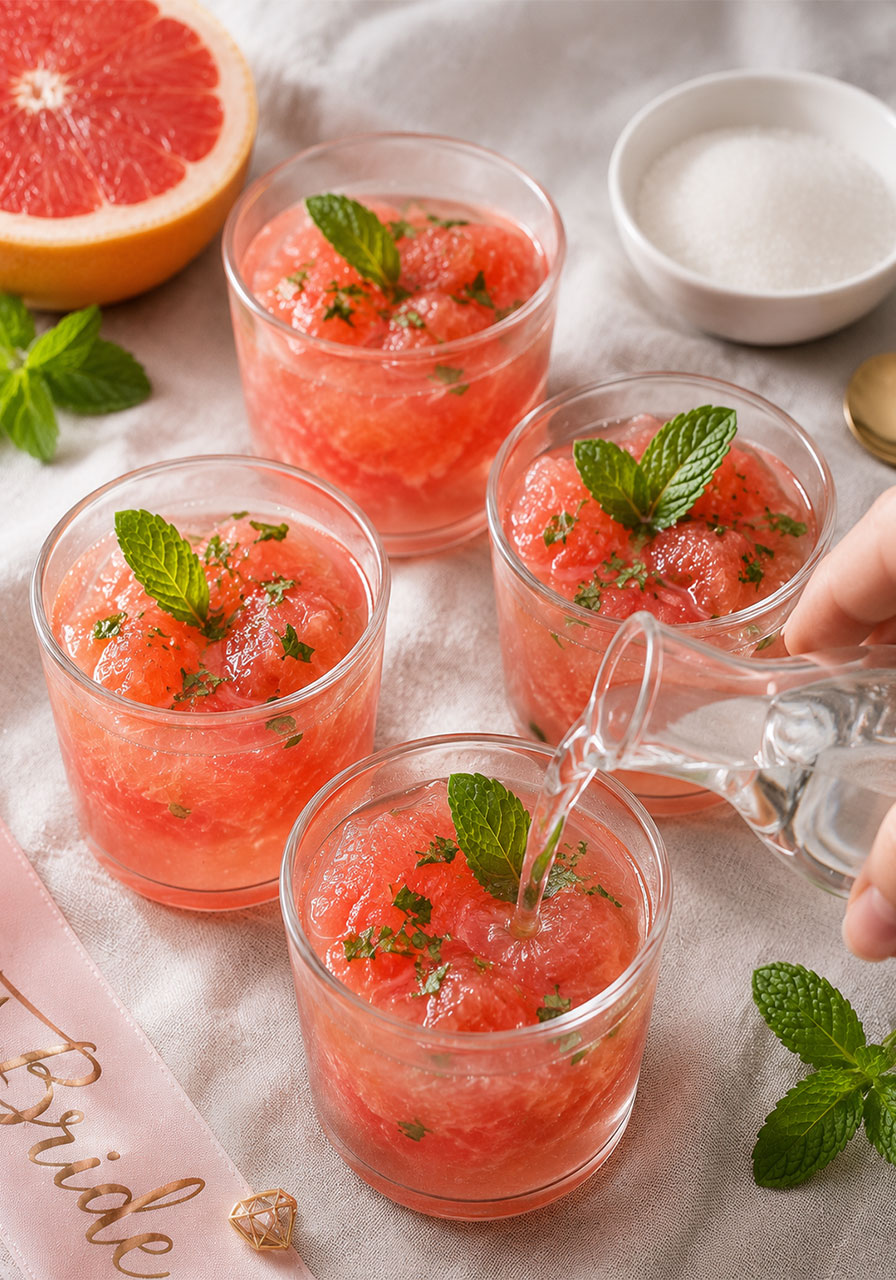 Tipsy grapefruit salad with gin served in four clear glass cups, topped with fresh mint leaves, on a linen-covered table at a bachelorette brunch