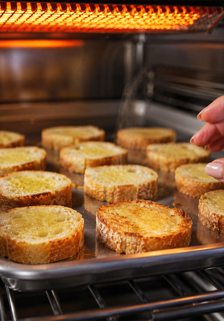 Baguette slices toasting on a baking sheet under the broiler for easy tea club sandwiches