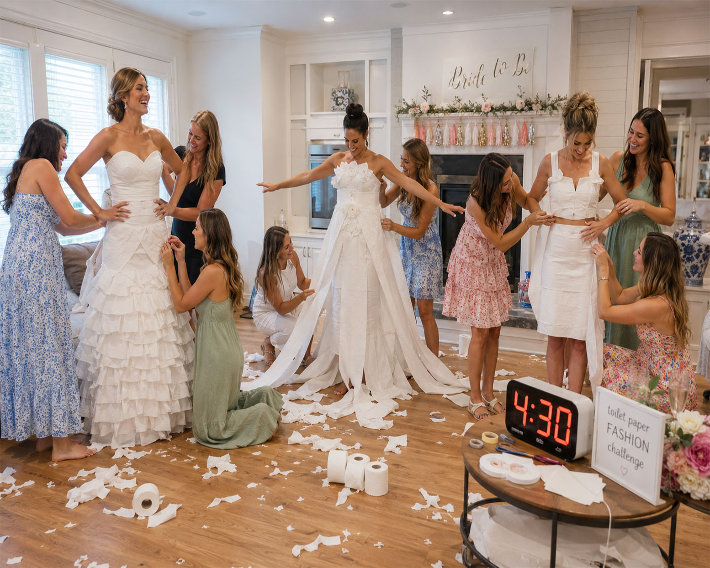 Teams of bridal shower guests creating toilet paper lingerie outfits during the hilarious toilet paper design contest game