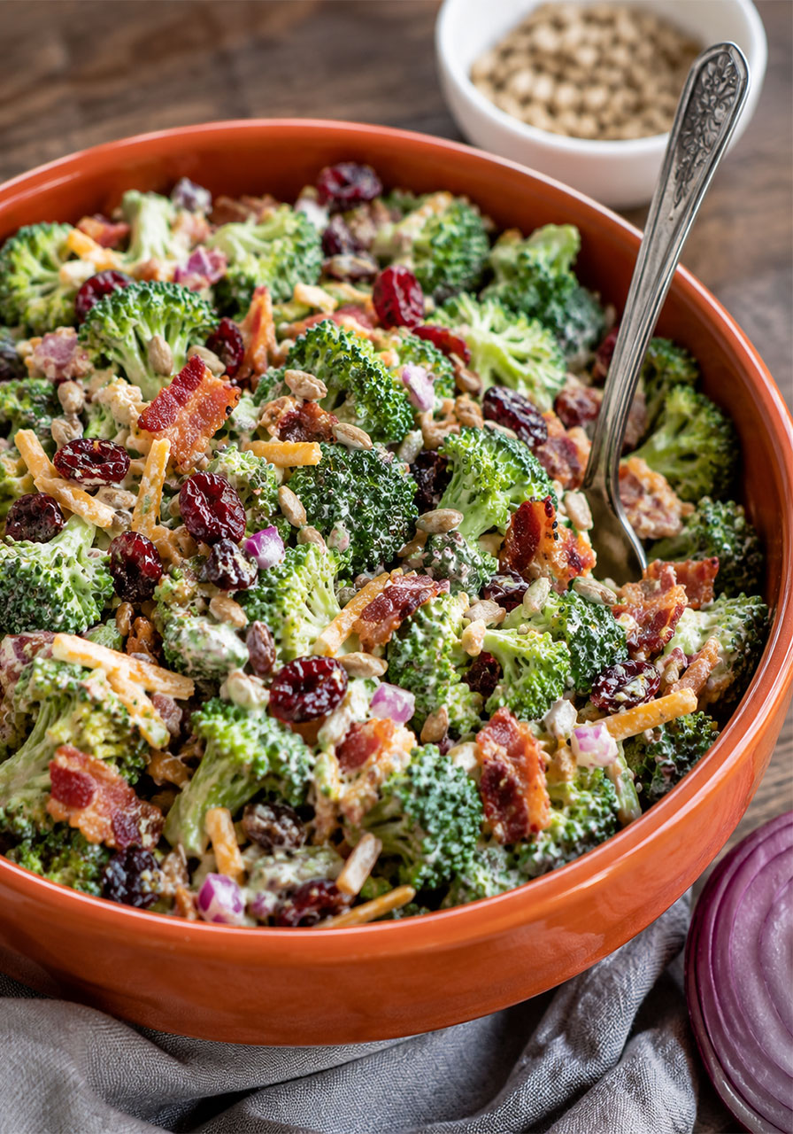 Fully tossed broccoli bacon salad ready to serve in a bowl