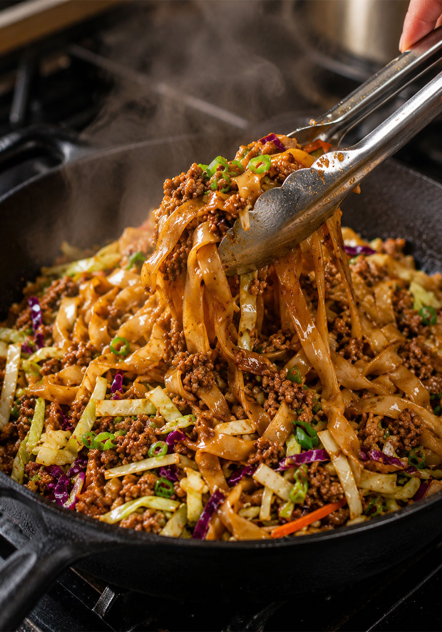 Tossing potsticker noodle bowl with pork and cabbage slaw in skillet using tongs mid-action