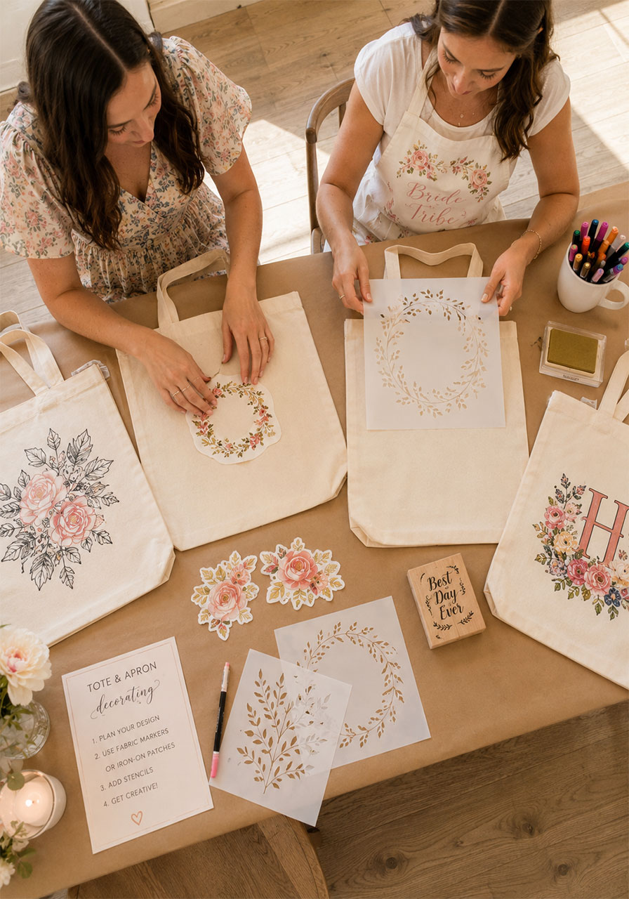 Bridal shower tote bag decorating activity with canvas bags in various stages of decoration using fabric markers iron-on patches and stencils on a kraft paper covered table
