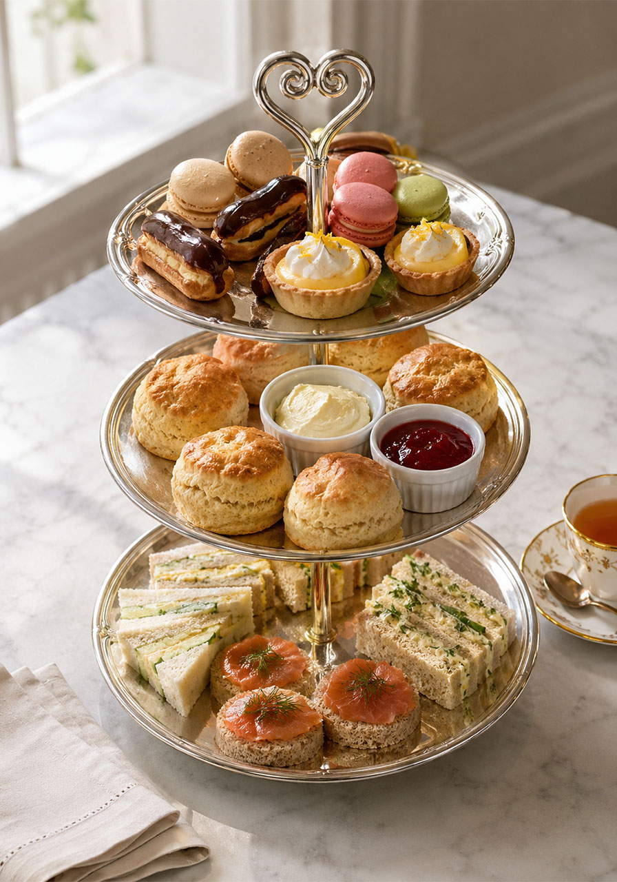 A fully loaded traditional three-tiered afternoon tea tray showing all three courses — sandwiches on the bottom, scones in the middle, and sweets on top