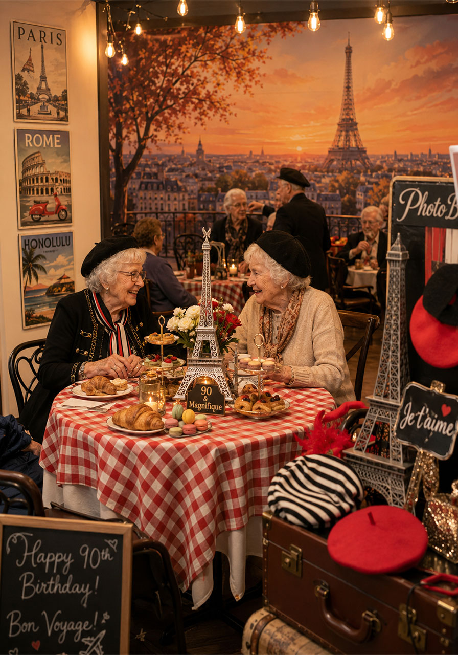 Paris travel-themed 90th birthday party with Eiffel Tower centerpiece, French pastries, and cityscape backdrop