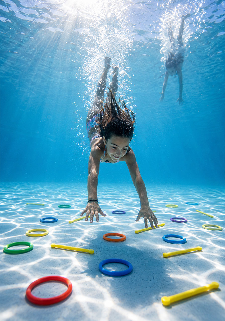 Kids diving for colorful rings and dive sticks underwater in treasure dive pool party game