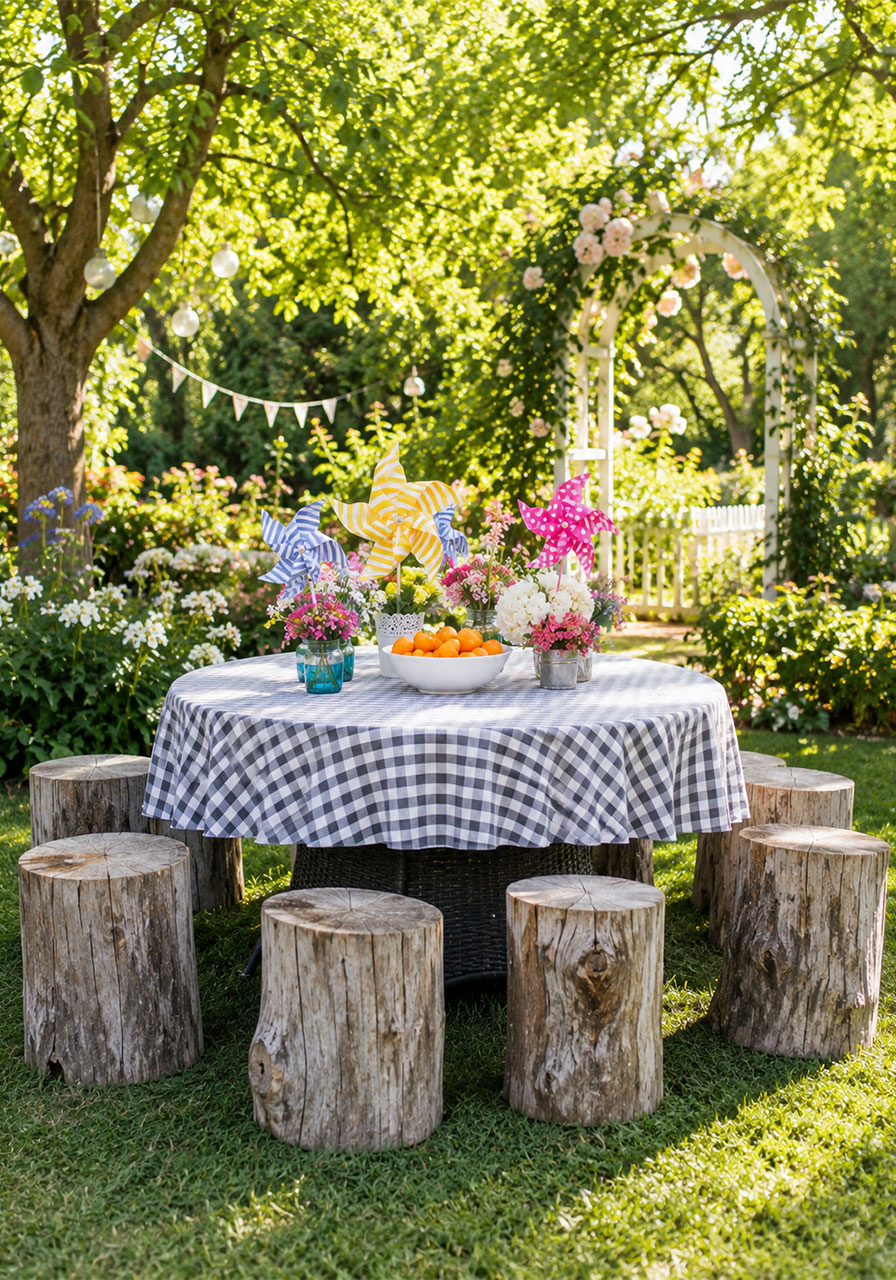 Whimsical garden party table with natural tree stump seating in green outdoor setting