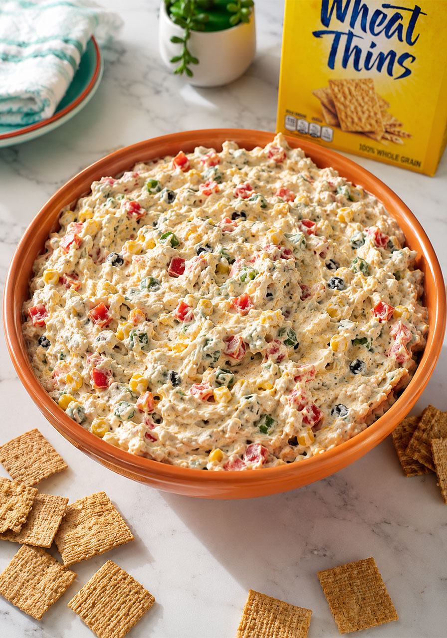 A bowl of tried and true skinny poolside dip with red pepper, corn, jalapeño, and olives in cream cheese base
