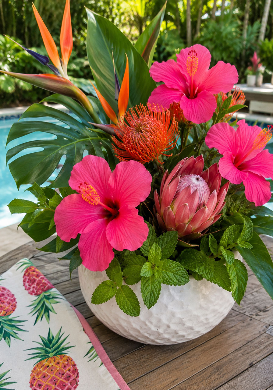 Lush tropical floral centerpiece with hibiscus, protea, and monstera leaves in white ceramic pot for a Key West party table
