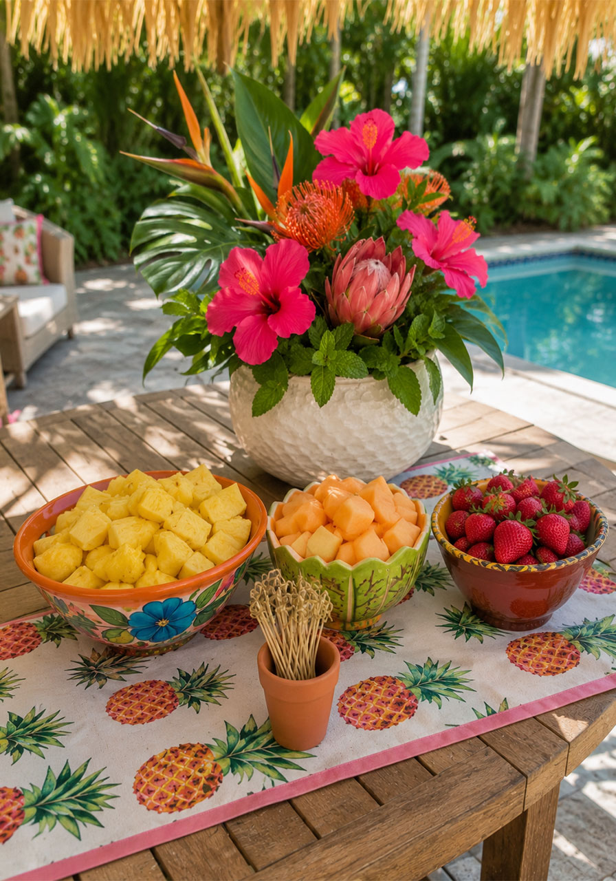 Tropical fresh fruit display with pineapple, cantaloupe, and strawberries in colorful bowls for a Key West party food station